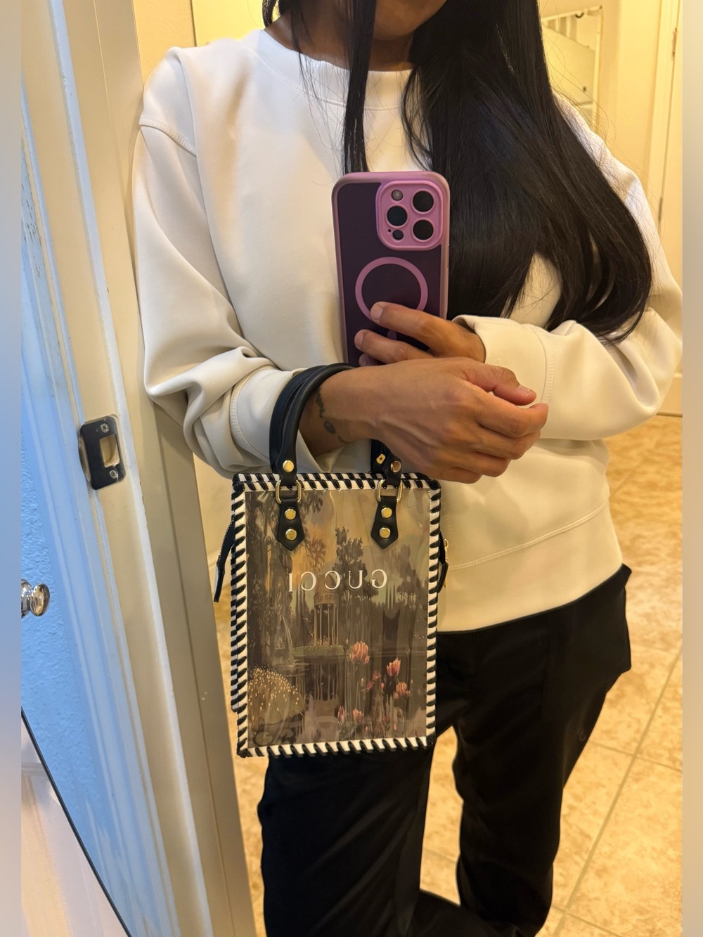 Upcycled Gucci Black Floral Print tote with Pearl Charm Keyring - Picture 2 of 8